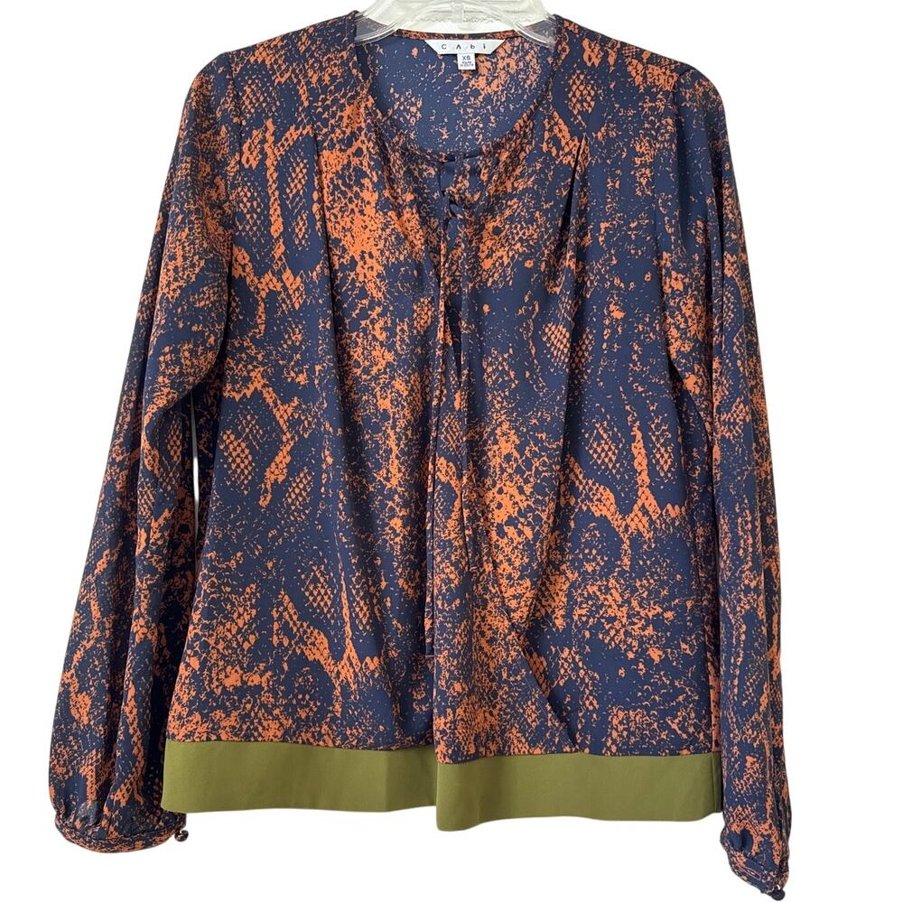 CAbi XS Wrap Blouse Long Sleeves Tie Neck Orange Navy, Blue With Olive Green Hem